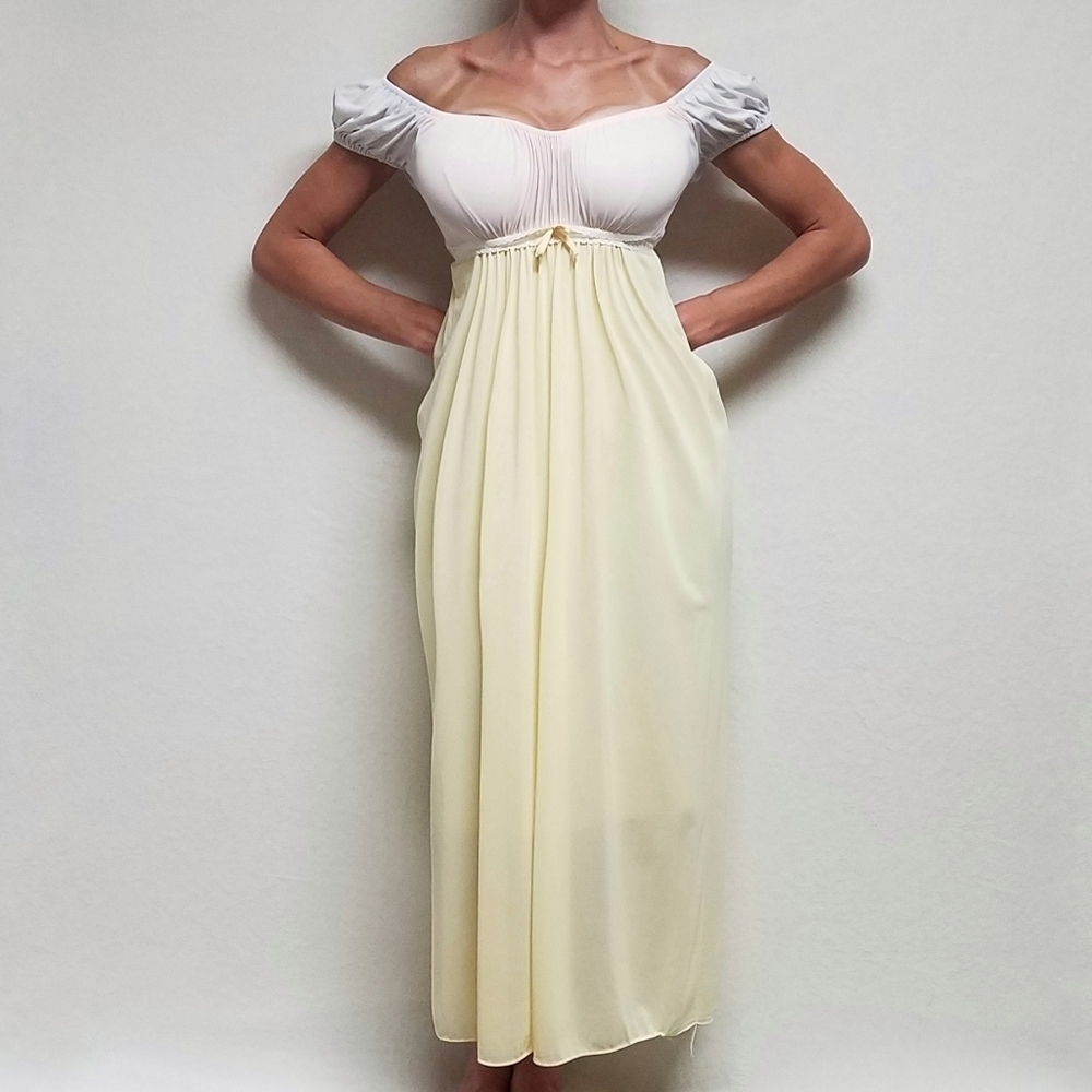 1960s Vintage Jrs by Barad Regencycore Pink Yellow Off-Shoulder Lace Nightgown - Picture 2 of 16